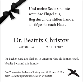 Traueranzeige von Beatrix Christov von Südwest Presse