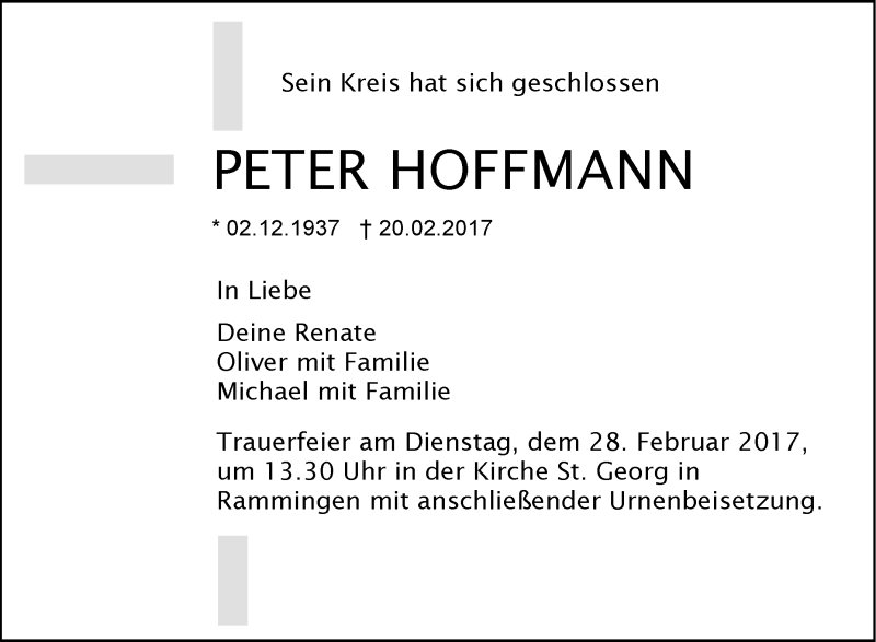  Traueranzeige für Peter Hoffmann vom 24.02.2017 aus Südwest Presse