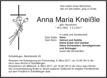 Traueranzeige von Anna Maria Kneißle von Ehinger Tagblatt