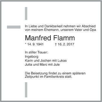 Traueranzeige von Manfred Flamm von Südwest Presse