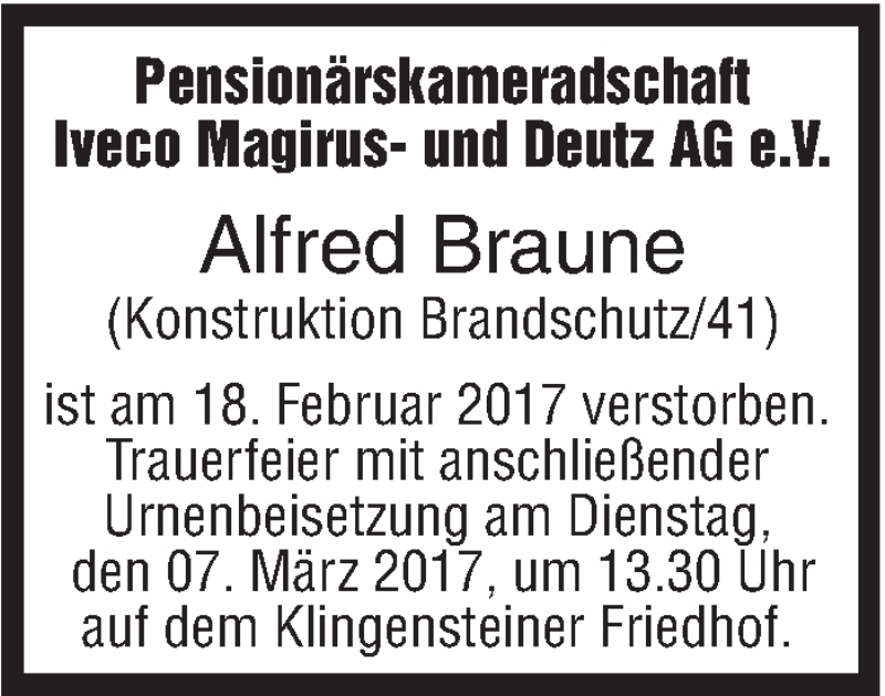  Traueranzeige für Alfred Braune vom 04.03.2017 aus Südwest Presse