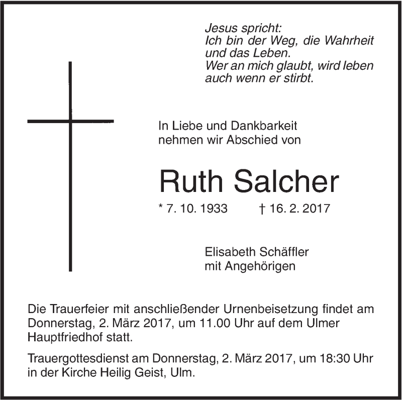 Traueranzeige für Ruth Salcher vom 25.02.2017 aus Südwest Presse