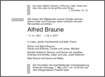 Traueranzeige von Alfred Braune von Südwest Presse