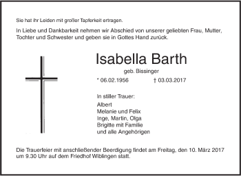 Traueranzeige von Isabella Barth von Südwest Presse