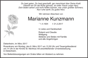 Traueranzeige von Marianne Kunzmann von Illertal Bote