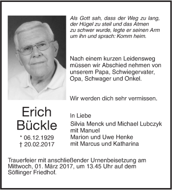 Traueranzeige von Erich Bückle von Südwest Presse