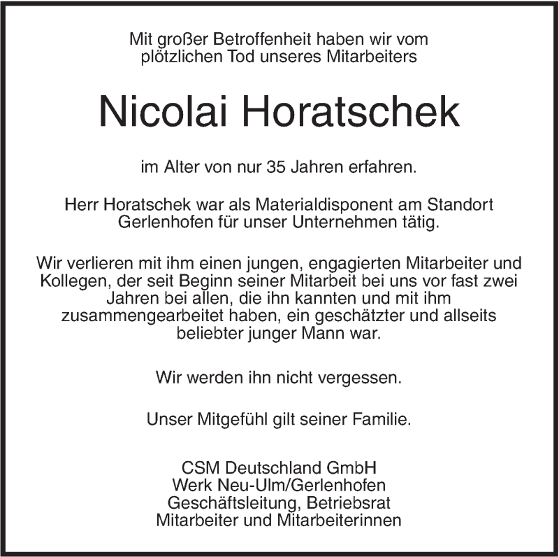  Traueranzeige für Nicolai Horatschek vom 25.04.2017 aus Südwest Presse