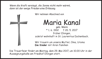 Traueranzeige von Maria Kanal von Ehinger Tagblatt