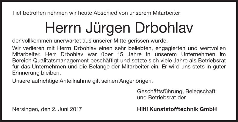  Traueranzeige für Jürgen Drbohlav vom 02.06.2017 aus Südwest Presse