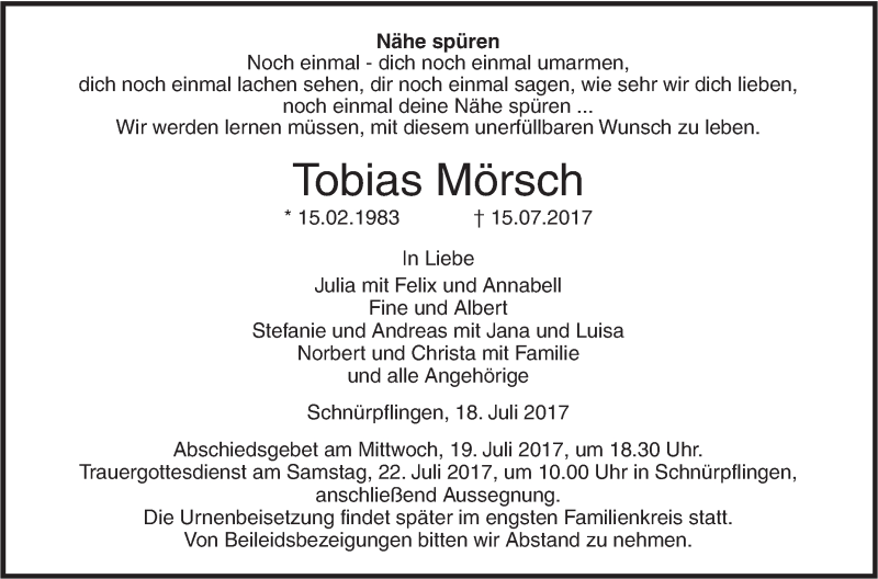  Traueranzeige für Tobias Mörsch vom 18.07.2017 aus Südwest Presse