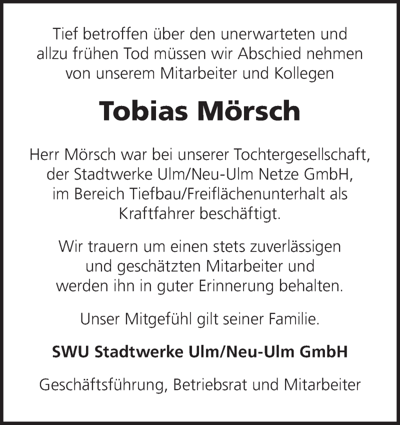  Traueranzeige für Tobias Mörsch vom 20.07.2017 aus Südwest Presse