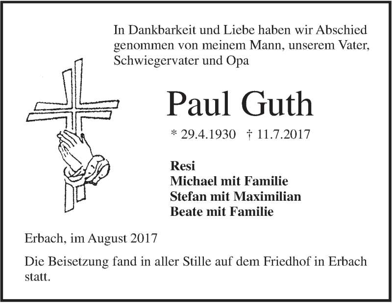  Traueranzeige für Paul Guth vom 02.08.2017 aus Südwest Presse