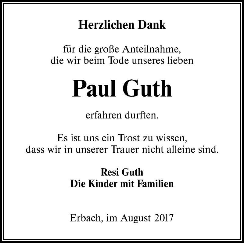  Traueranzeige für Paul Guth vom 18.08.2017 aus Südwest Presse