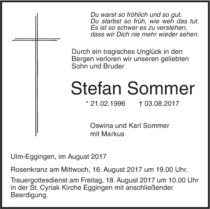  Traueranzeige für Stefan Sommer vom 16.08.2017 aus Südwest Presse