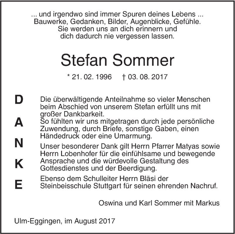  Traueranzeige für Stefan Sommer vom 26.08.2017 aus Südwest Presse