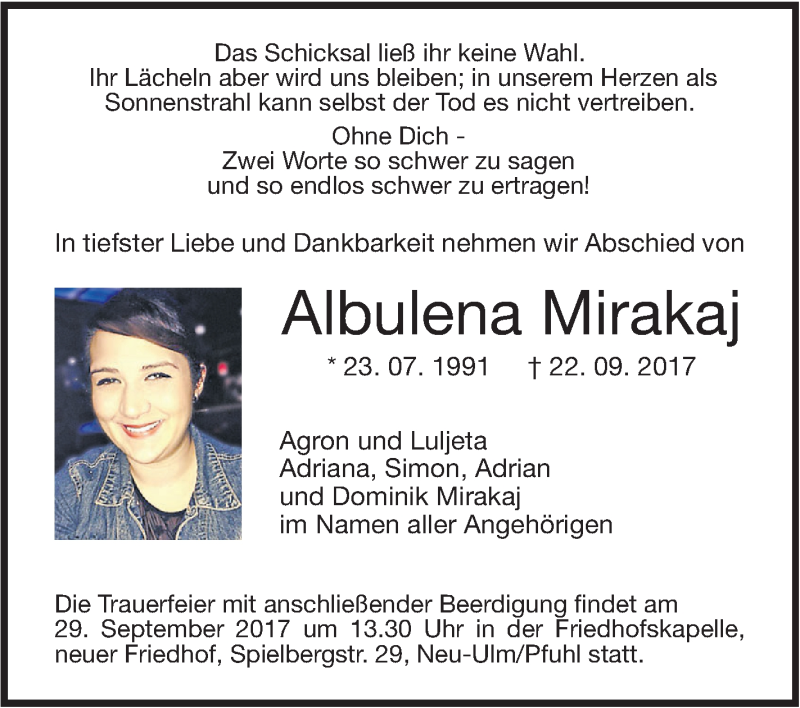  Traueranzeige für Albulena Mirakaj vom 27.09.2017 aus Südwest Presse