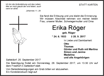 Traueranzeige von Erika Röger von Hohenloher Tagblatt