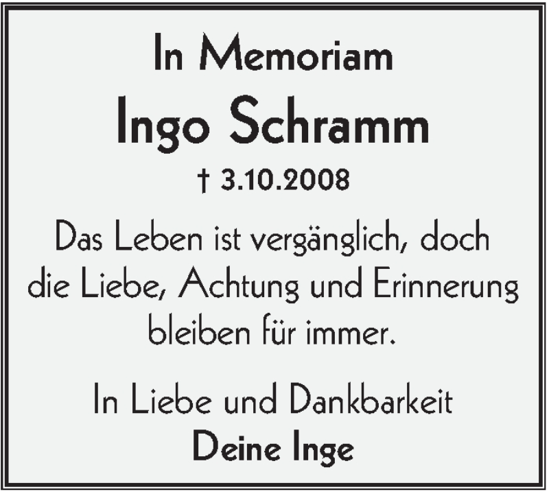  Traueranzeige für Ingo Schramm vom 04.10.2017 aus Ehinger Tagblatt