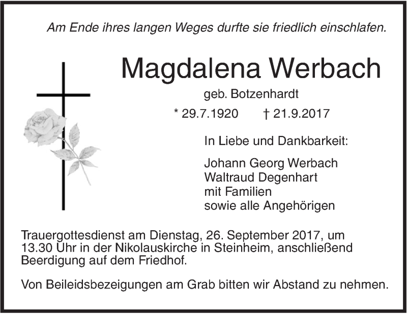  Traueranzeige für Magdalena Werbach vom 23.09.2017 aus Südwest Presse