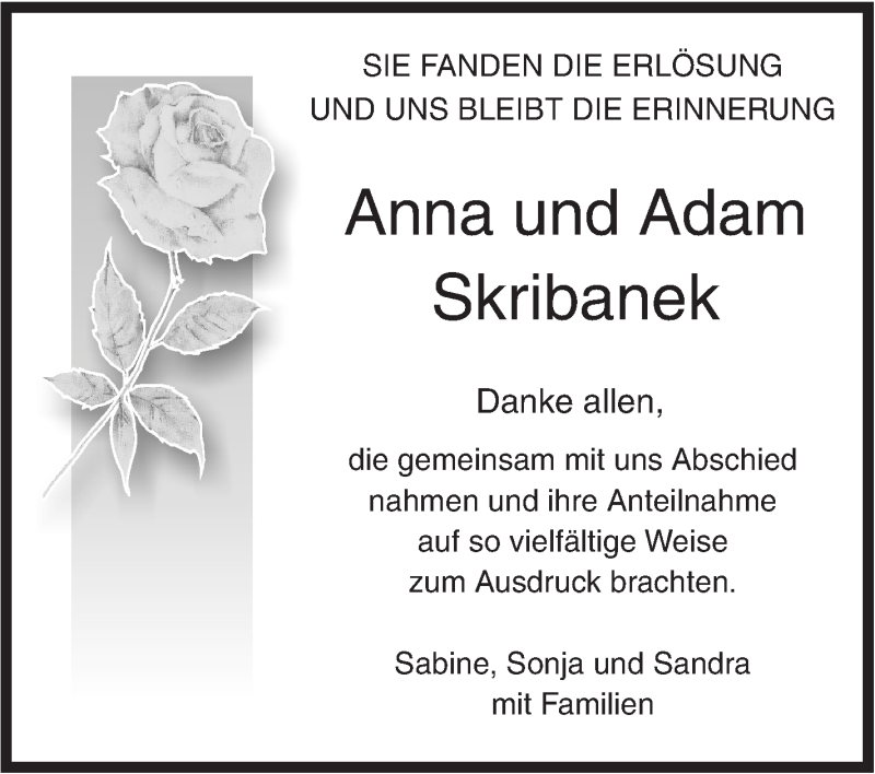  Traueranzeige für Anna und Adam Skribanek vom 03.02.2018 aus SÜDWEST PRESSE Ausgabe Ulm/Neu-Ulm