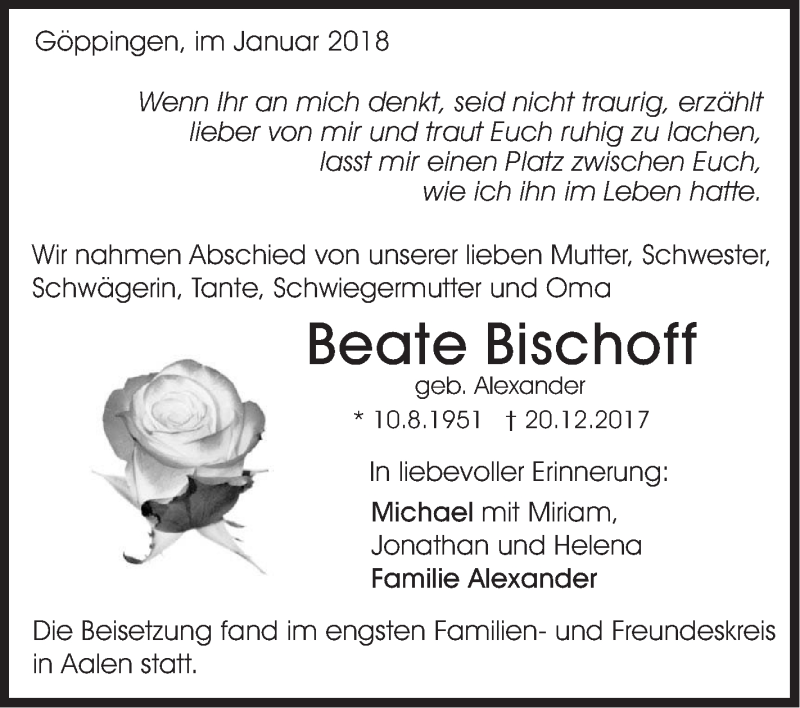  Traueranzeige für Beate Bischoff vom 13.01.2018 aus NWZ Neue Württembergische Zeitung
