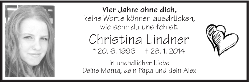  Traueranzeige für Christina Lindner vom 27.01.2018 aus NWZ Neue Württembergische Zeitung