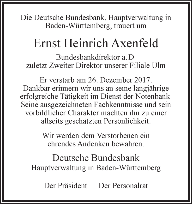  Traueranzeige für Ernst Heinrich Axenfeld vom 10.01.2018 aus SÜDWEST PRESSE Ausgabe Ulm/Neu-Ulm