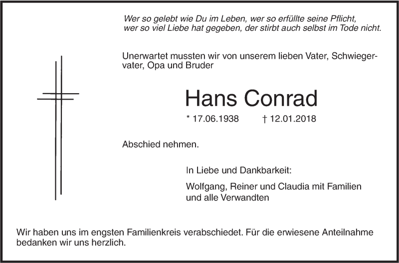  Traueranzeige für Hans Conrad vom 20.01.2018 aus SÜDWEST PRESSE Ausgabe Ulm/Neu-Ulm