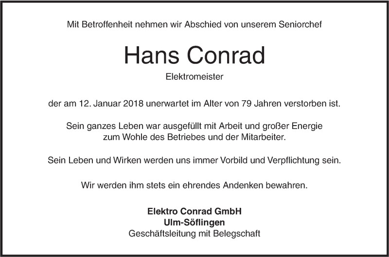  Traueranzeige für Hans Conrad vom 20.01.2018 aus SÜDWEST PRESSE Ausgabe Ulm/Neu-Ulm