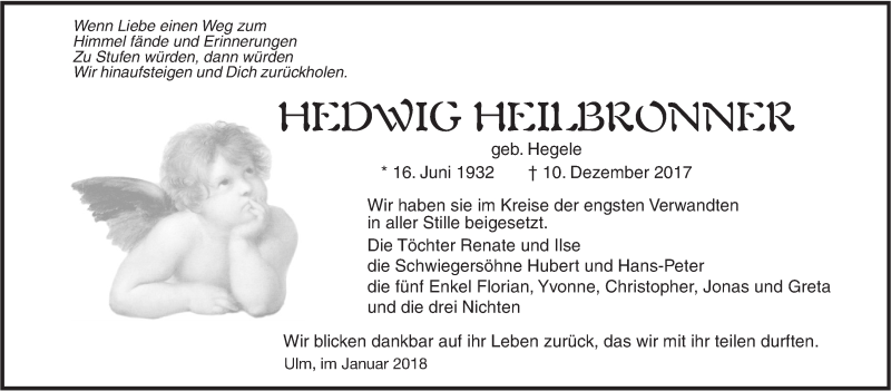  Traueranzeige für Hedwig Heilbronner vom 10.01.2018 aus SÜDWEST PRESSE Ausgabe Ulm/Neu-Ulm