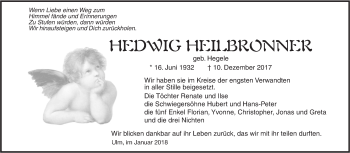 Traueranzeige von Hedwig Heilbronner von SÜDWEST PRESSE Ausgabe Ulm/Neu-Ulm