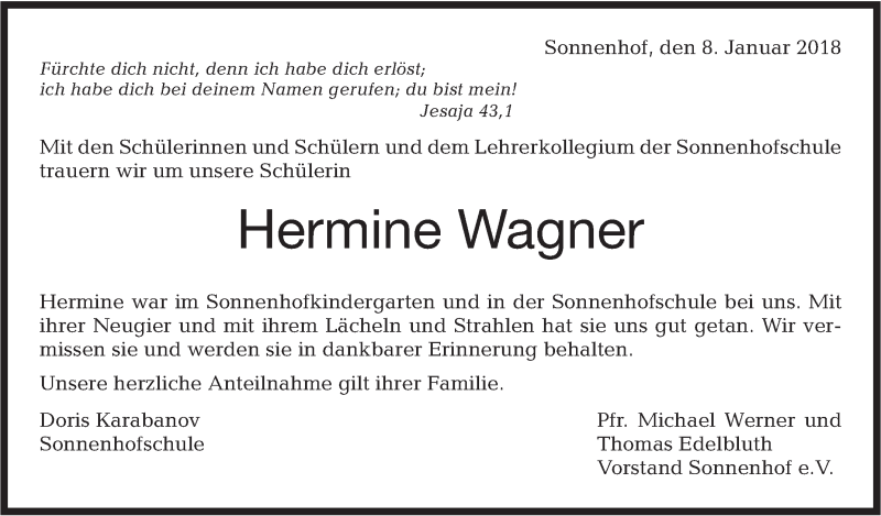  Traueranzeige für Hermine Wagner vom 09.01.2018 aus Haller Tagblatt