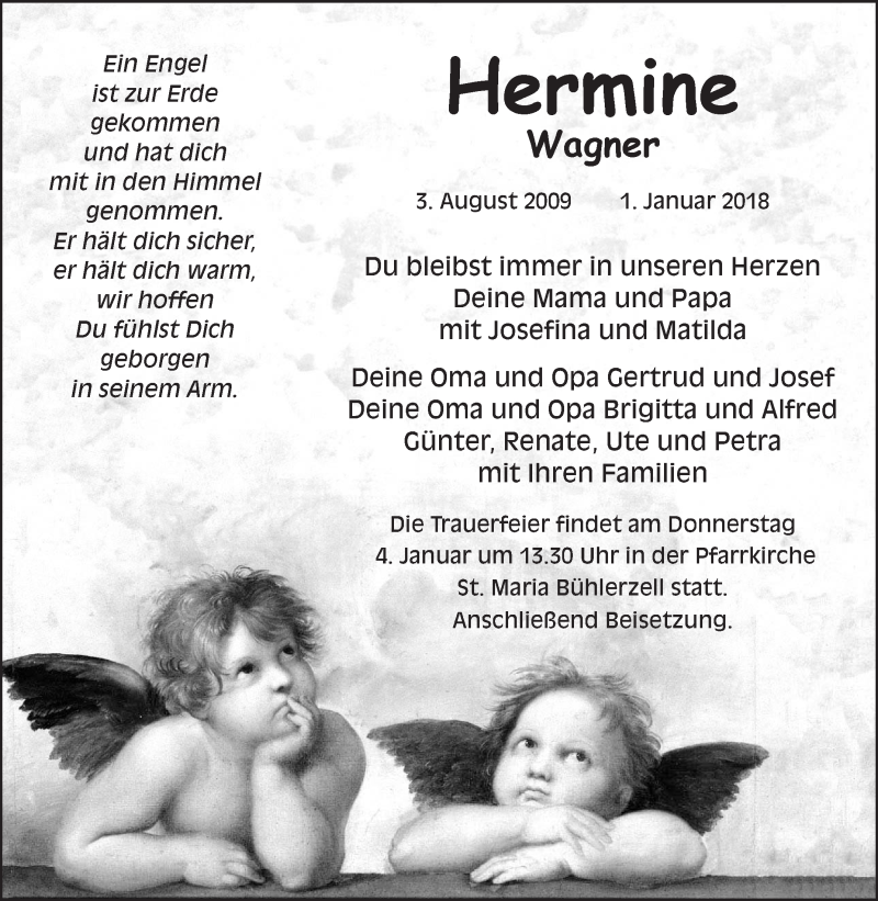  Traueranzeige für Hermine Wagner vom 03.01.2018 aus Haller Tagblatt