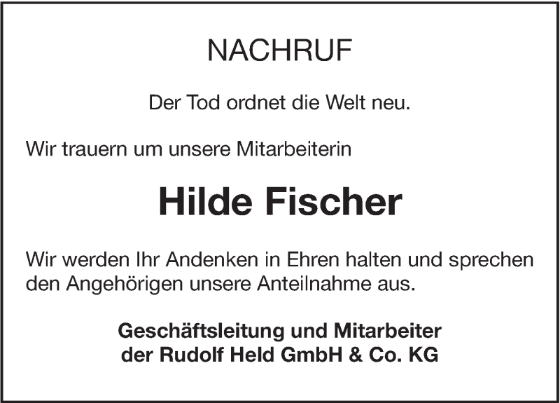  Traueranzeige für Hilde Fischer vom 26.01.2018 aus Ehinger Tagblatt
