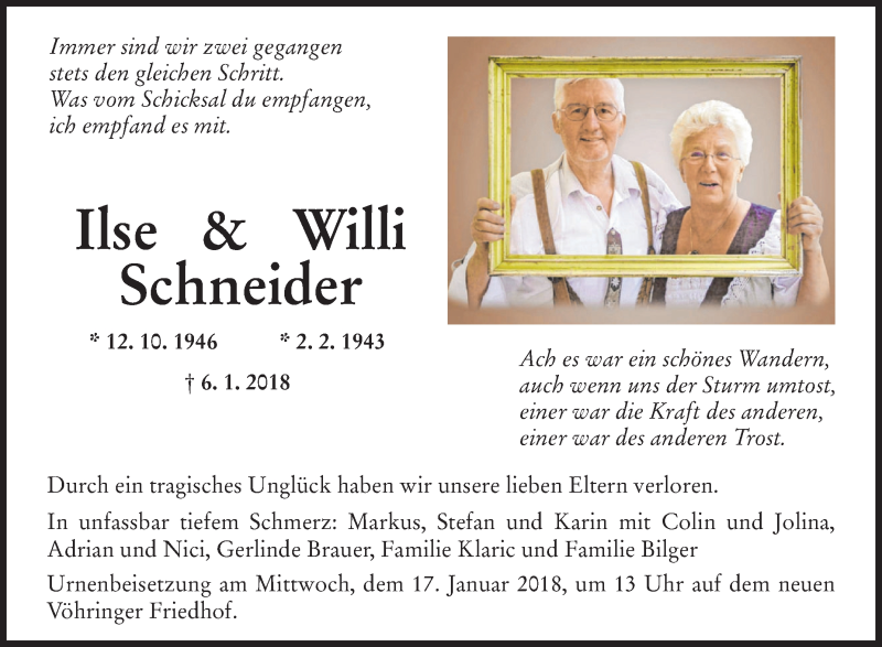  Traueranzeige für Ilse und Willi Schneider vom 12.01.2018 aus SÜDWEST PRESSE Ausgabe Ulm/Neu-Ulm