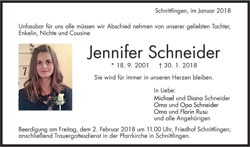  Traueranzeige für Jennifer Schneider vom 01.02.2018 aus Geislinger Zeitung