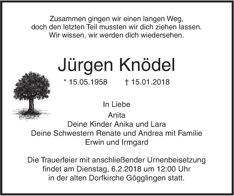  Traueranzeige für Jürgen Knödel vom 27.01.2018 aus SÜDWEST PRESSE Ausgabe Ulm/Neu-Ulm