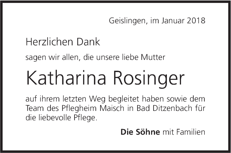  Traueranzeige für Katharina Rosinger vom 05.01.2018 aus Geislinger Zeitung
