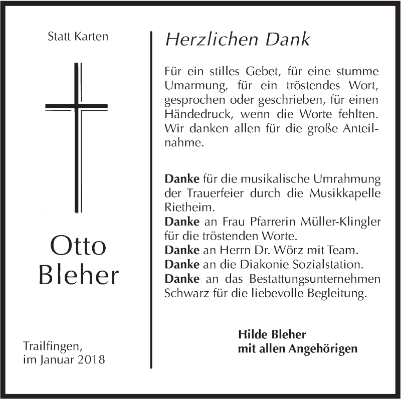  Traueranzeige für Otto Bleher vom 13.01.2018 aus Metzinger-Uracher Volksblatt