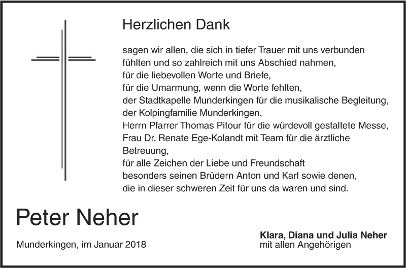  Traueranzeige für Peter Neher vom 12.01.2018 aus Ehinger Tagblatt