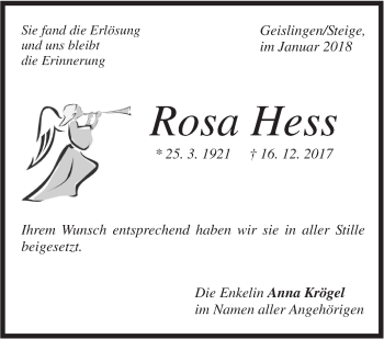 Traueranzeige von Rosa Hess von Geislinger Zeitung