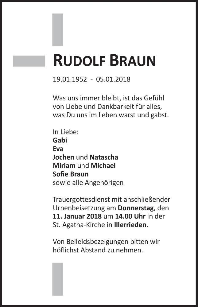  Traueranzeige für Rudolf Braun vom 09.01.2018 aus SÜDWEST PRESSE Ausgabe Ulm/Neu-Ulm