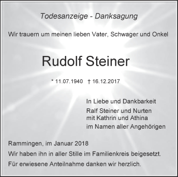 Traueranzeige von Rudolf Steiner von SÜDWEST PRESSE Ausgabe Ulm/Neu-Ulm