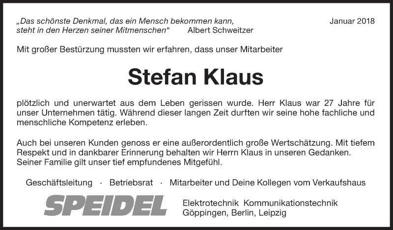  Traueranzeige für Stefan Klaus vom 16.01.2018 aus NWZ Neue Württembergische Zeitung/Geislinger Zeitung