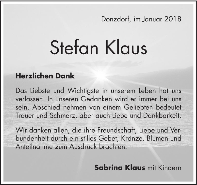  Traueranzeige für Stefan Klaus vom 31.01.2018 aus NWZ Neue Württembergische Zeitung