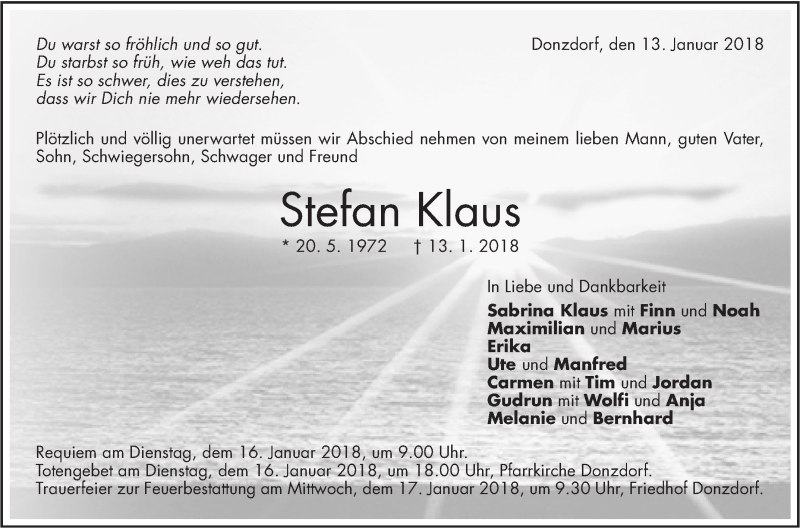  Traueranzeige für Stefan Klaus vom 15.01.2018 aus NWZ Neue Württembergische Zeitung/Geislinger Zeitung