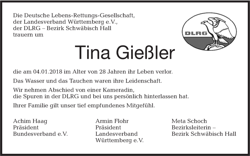  Traueranzeige für Tina Gießler vom 11.01.2018 aus Haller Tagblatt