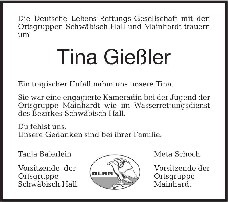  Traueranzeige für Tina Gießler vom 11.01.2018 aus Haller Tagblatt