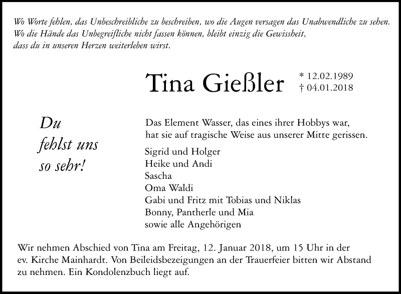  Traueranzeige für Tina Gießler vom 10.01.2018 aus Haller Tagblatt