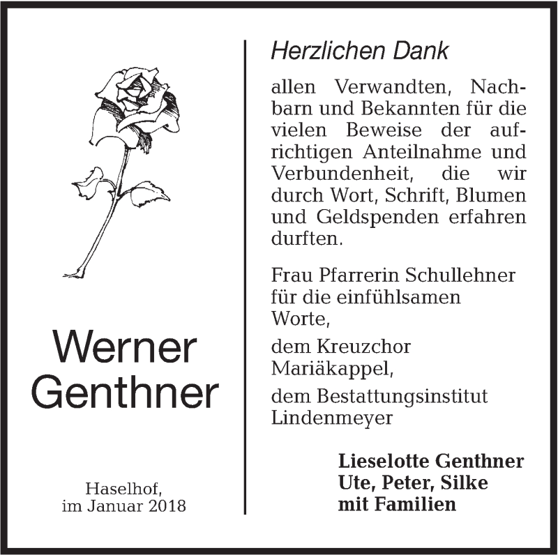 Traueranzeige für Werner Genthner vom 19.01.2018 aus Hohenloher Tagblatt
